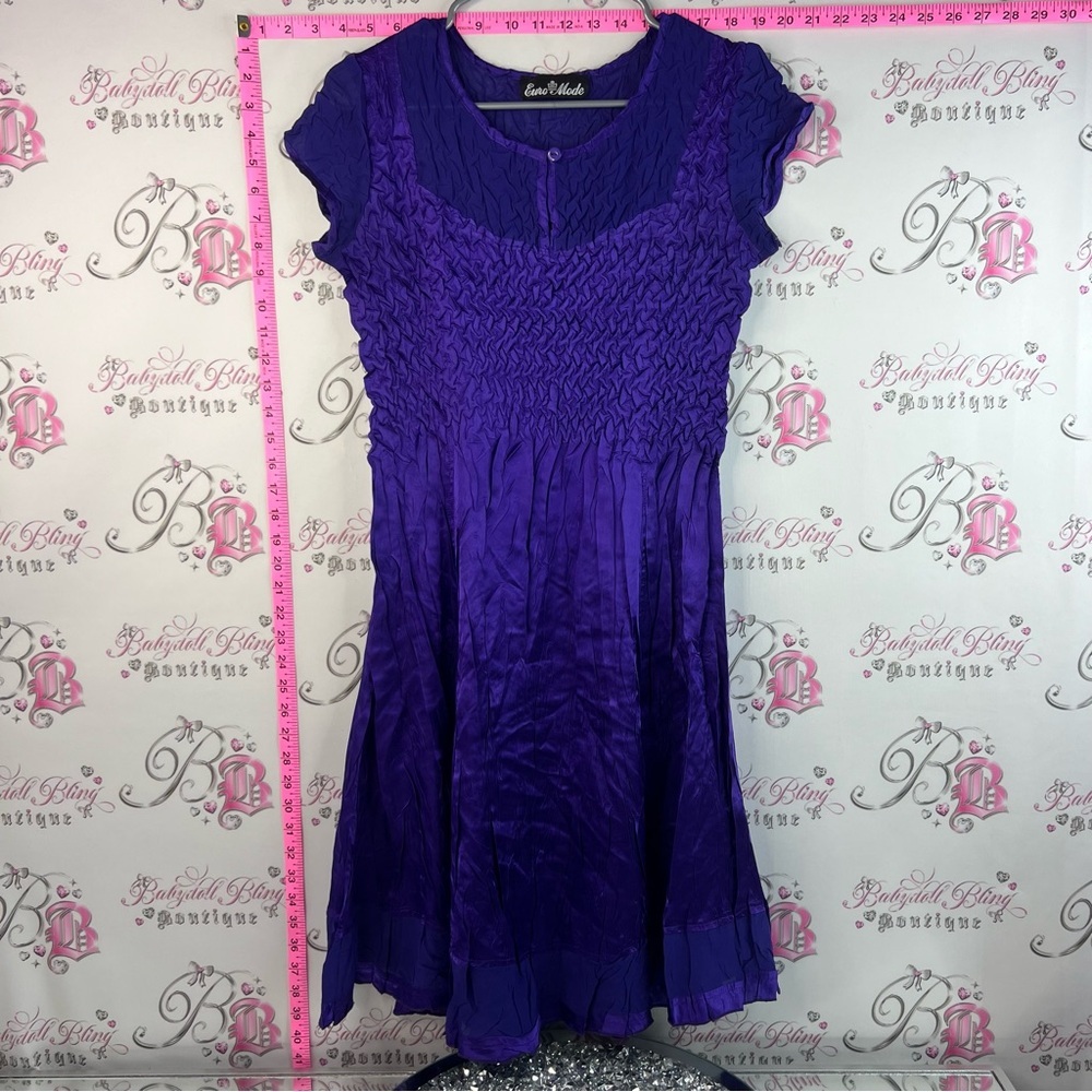 Euro mode dress vintage shiny Deep Purple Smocked Fit & Flare Dress